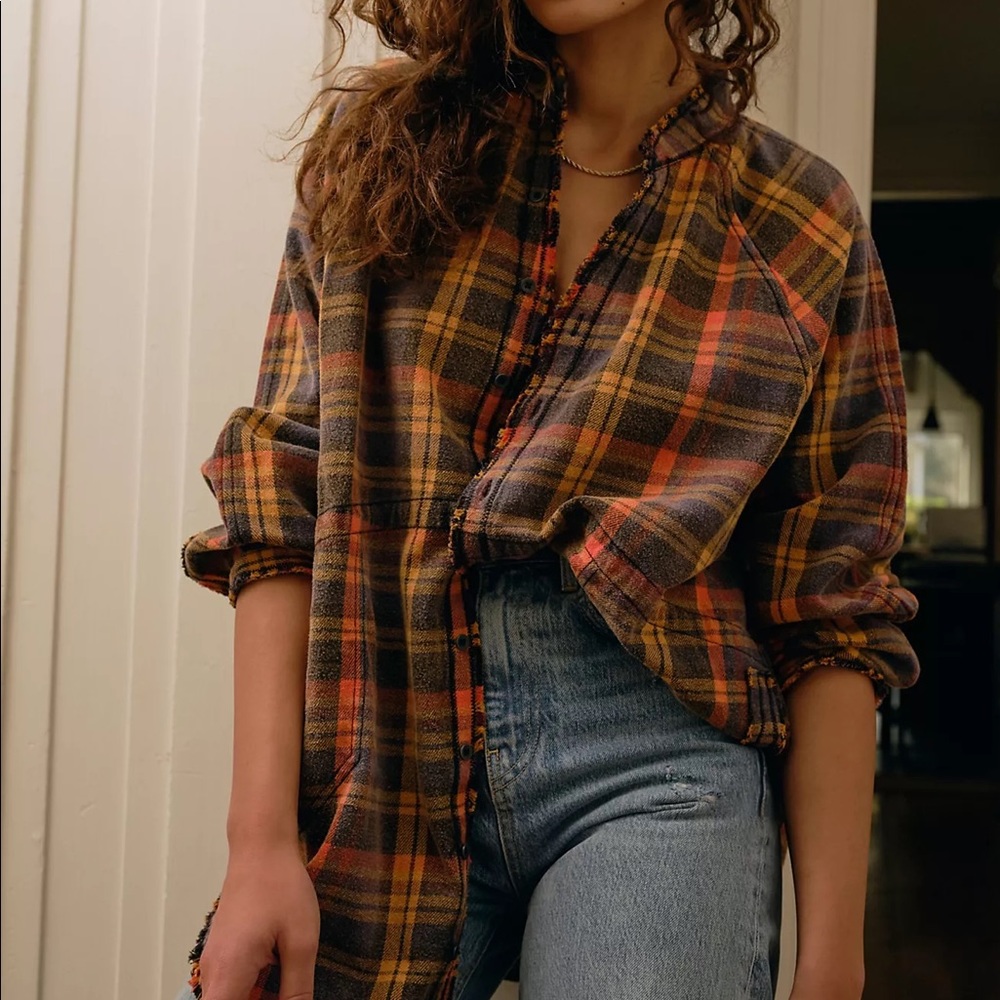 Free People Summer Daydream Plaid Button Down Flannel Grunge Combo EUC